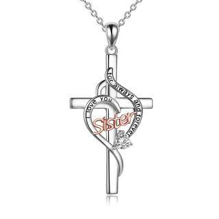 Sterling Silver Two-tone Zircon Sisters & Cross Pendant Necklace-46