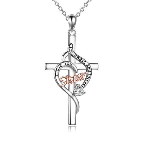 Sterling Silver Two-tone Zircon Sisters & Cross Pendant Necklace