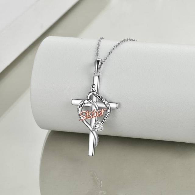 Collier avec pendentif croix de sœurs en argent sterling et zircon bicolore-3