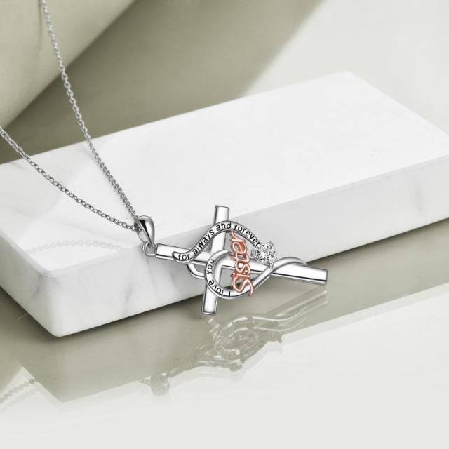 Sterling Silver Two-tone Zircon Sisters & Cross Pendant Necklace-4