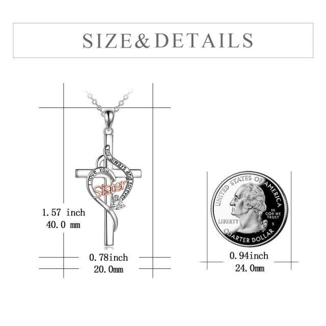 Sterling Silver Two-tone Zircon Sisters & Cross Pendant Necklace-5