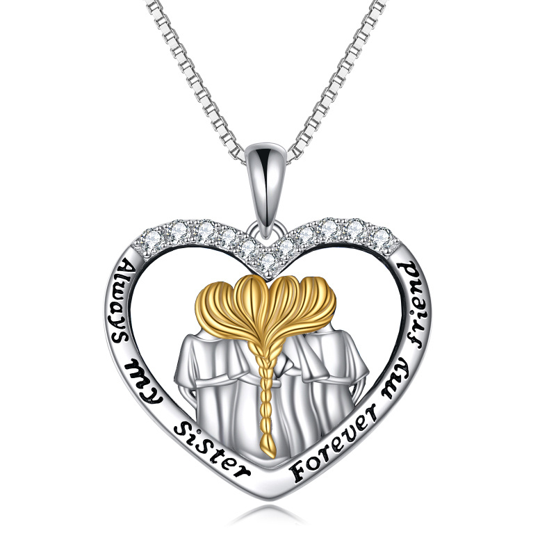 Sterling Silver Two-tone Zircon Sisters & Heart Pendant Necklace-13