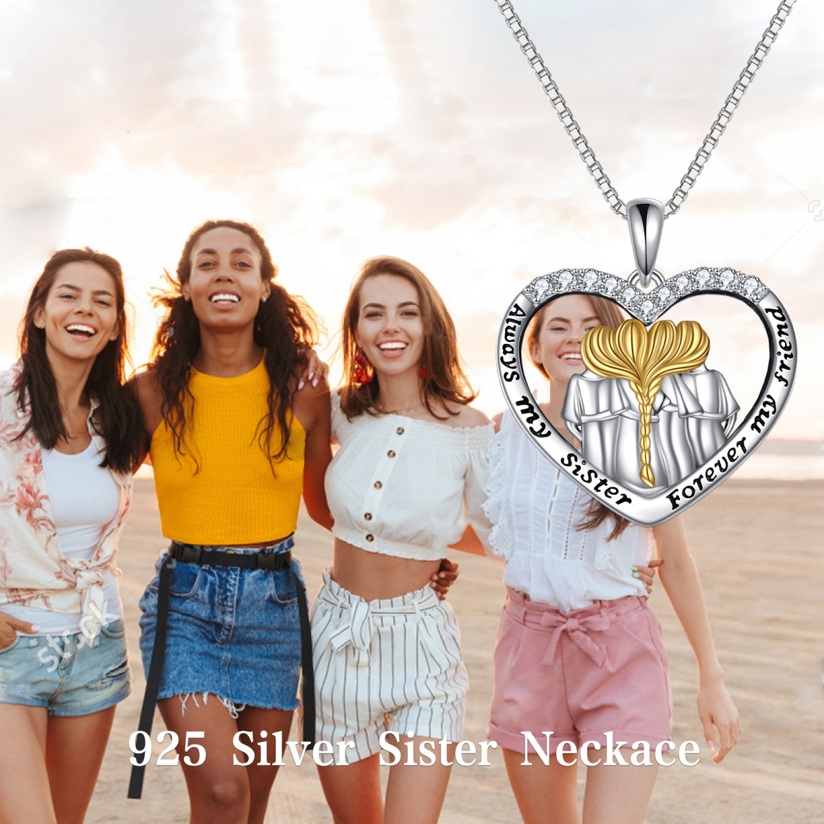 Sterling Silver Two-tone Zircon Sisters & Heart Pendant Necklace-3