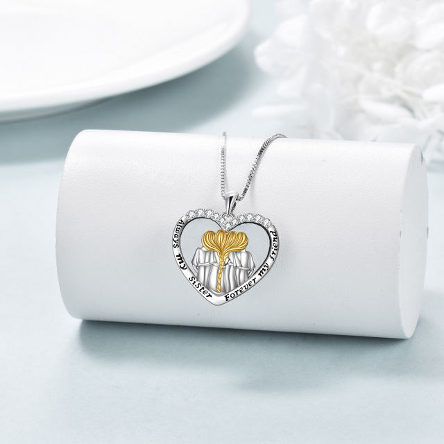 Sterling Silver Two-tone Zircon Sisters & Heart Pendant Necklace-4