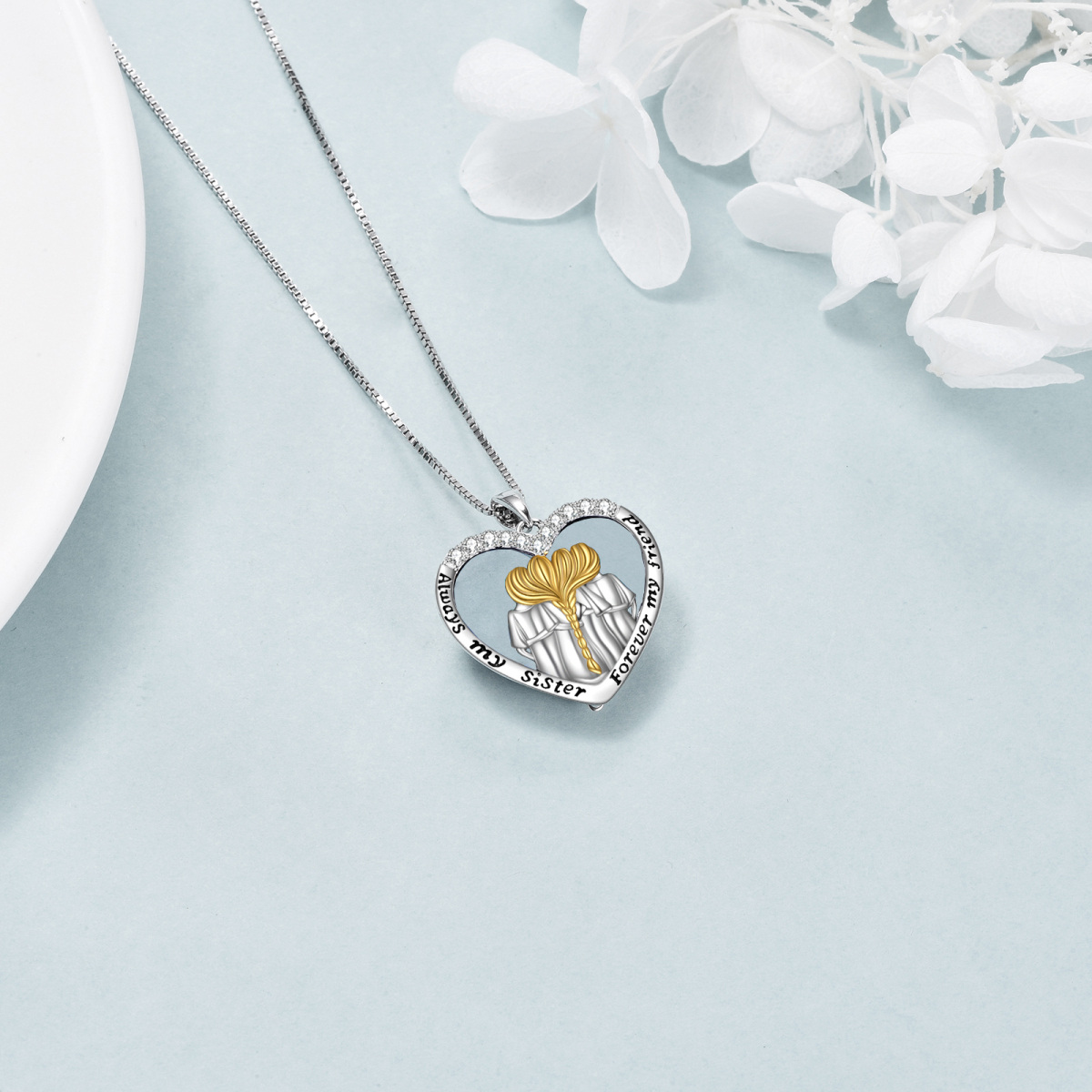 Sterling Silver Two-tone Zircon Sisters & Heart Pendant Necklace-5