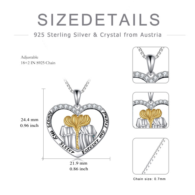 Sterling Silver Two-tone Zircon Sisters & Heart Pendant Necklace-6