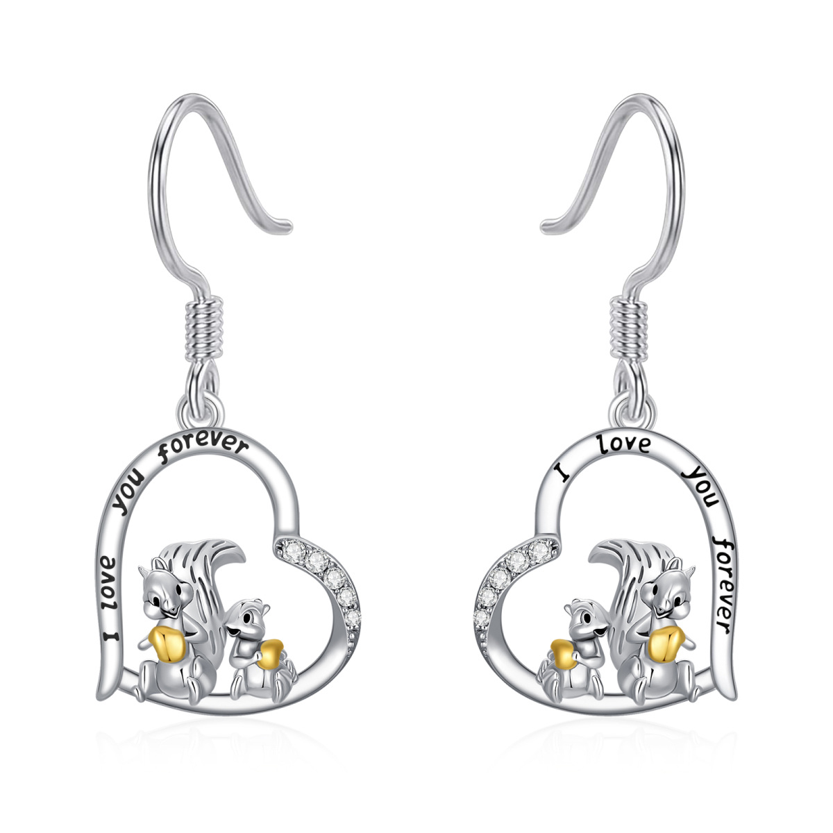 Sterling Silver Two-tone Zircon Squirrel Drop Earrings with Engraved Word-1