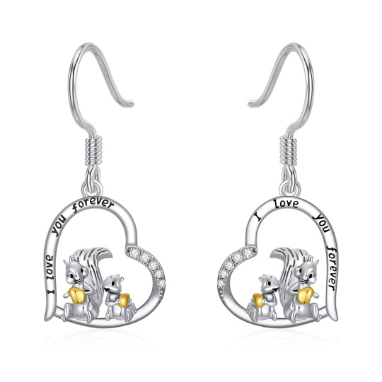 Boucles d'oreilles pendantes écureuil en argent sterling et zircon bicolore avec mot gravé