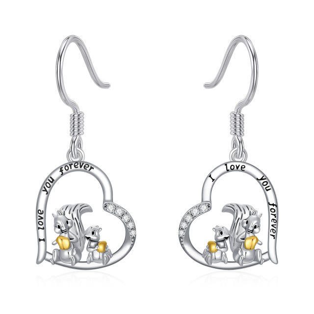 Sterling Silver Two-tone Zircon Squirrel Drop Earrings with Engraved Word-1