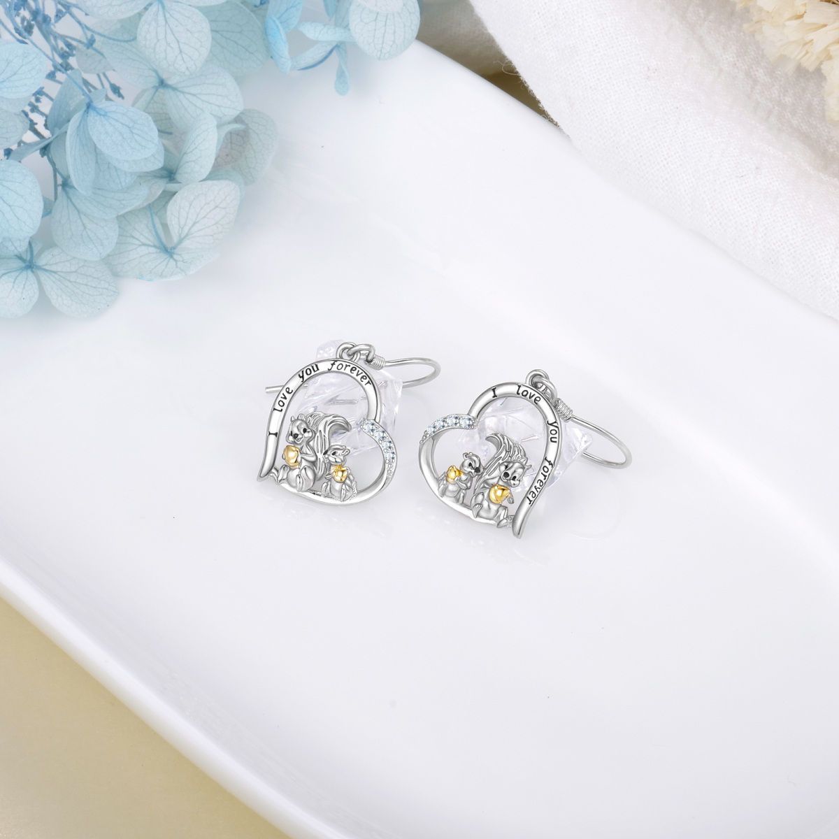 Sterling Silver Two-tone Zircon Squirrel Drop Earrings with Engraved Word-3