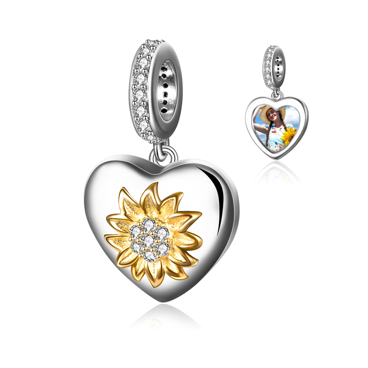 Sterling Silver Two-tone Zircon Sunflower Dangle Charm-1