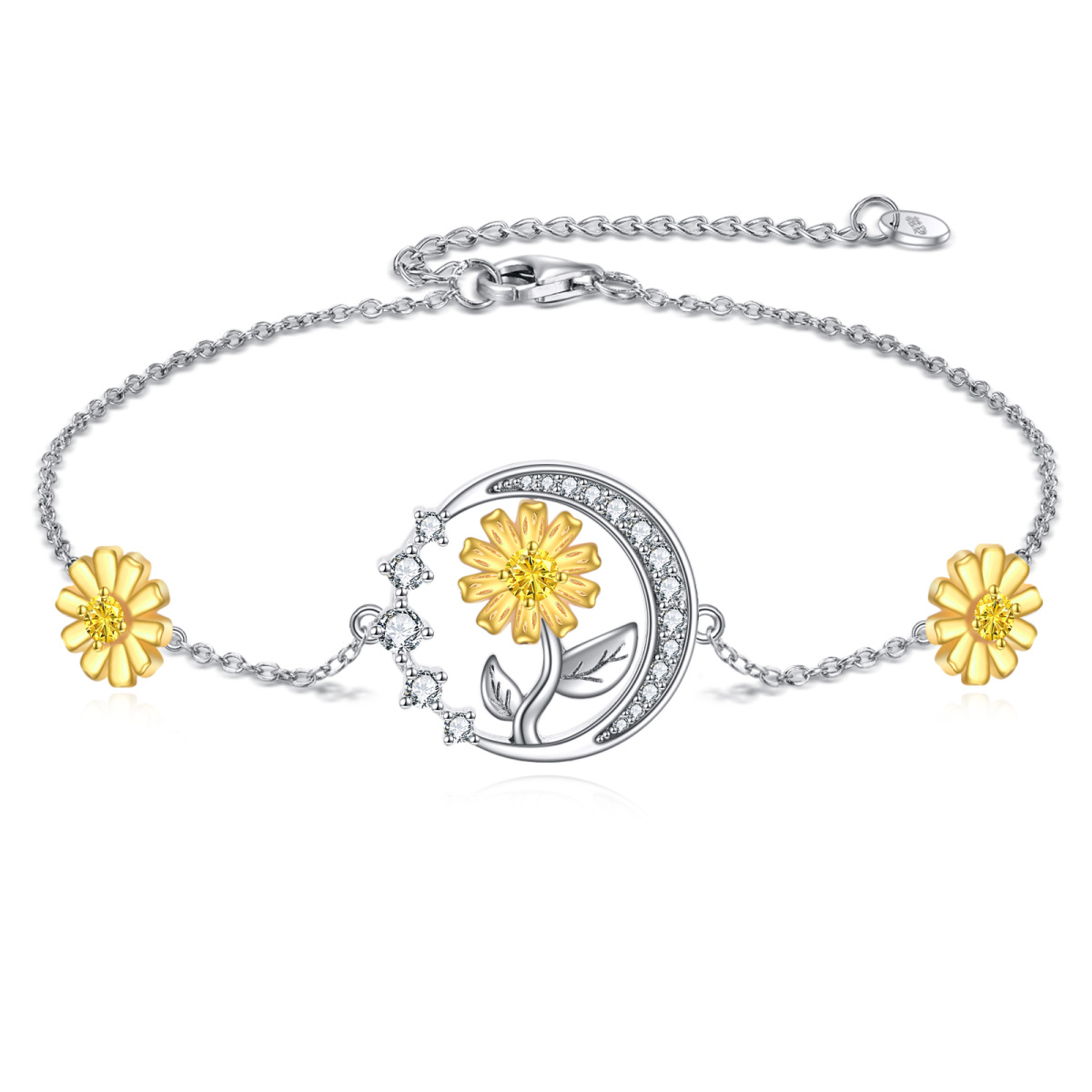 Pulsera con colgante de luna y girasol de circonitas en dos tonos de plata de ley-1