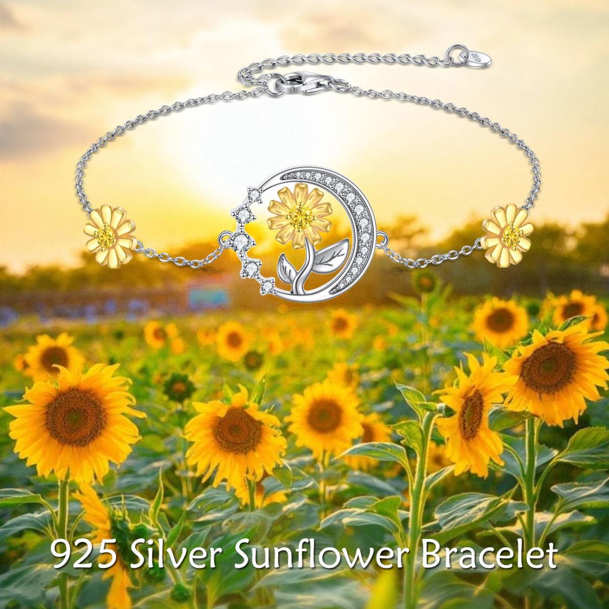 Pulsera con colgante de luna y girasol de circonitas en dos tonos de plata de ley-4