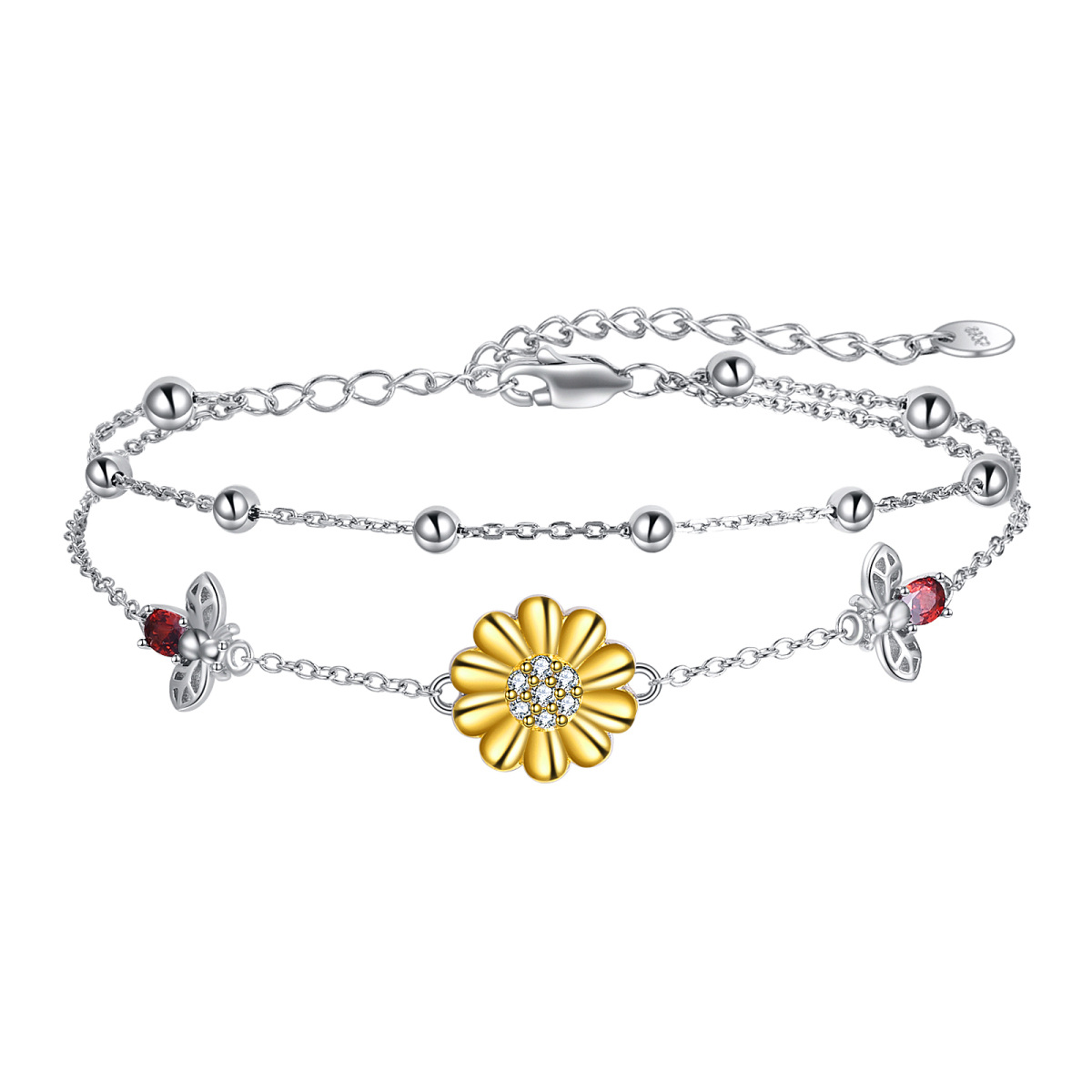 Sterling Silver Two-tone Zircon Sunflower Charm Bracelet-1