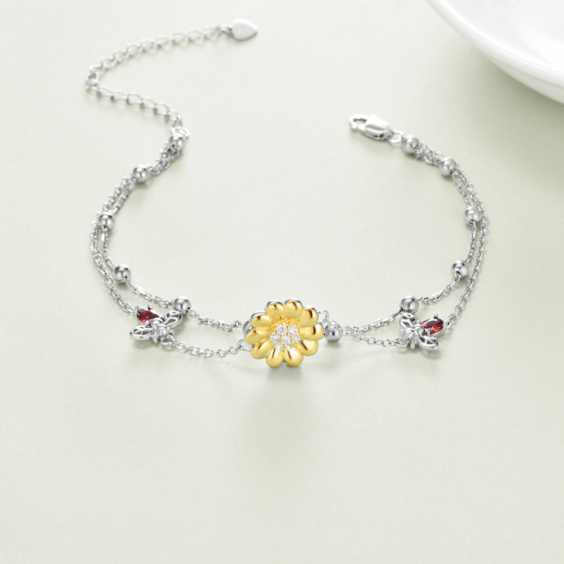Sterling Silver Two-tone Zircon Sunflower Charm Bracelet-3