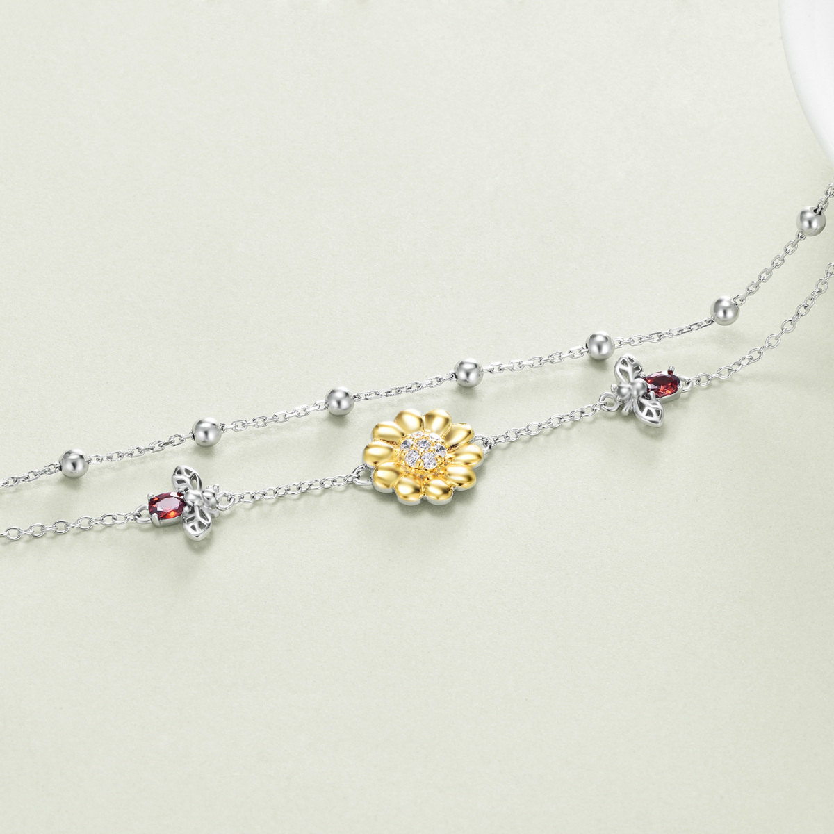 Sterling Silver Two-tone Zircon Sunflower Charm Bracelet-4