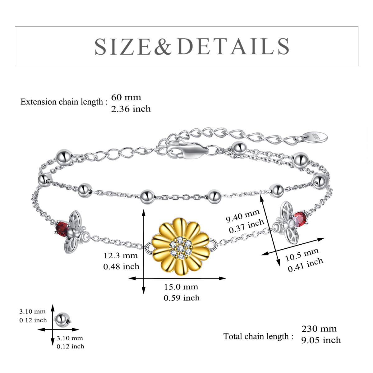 Sterling Silver Two-tone Zircon Sunflower Pendant Bracelet-5