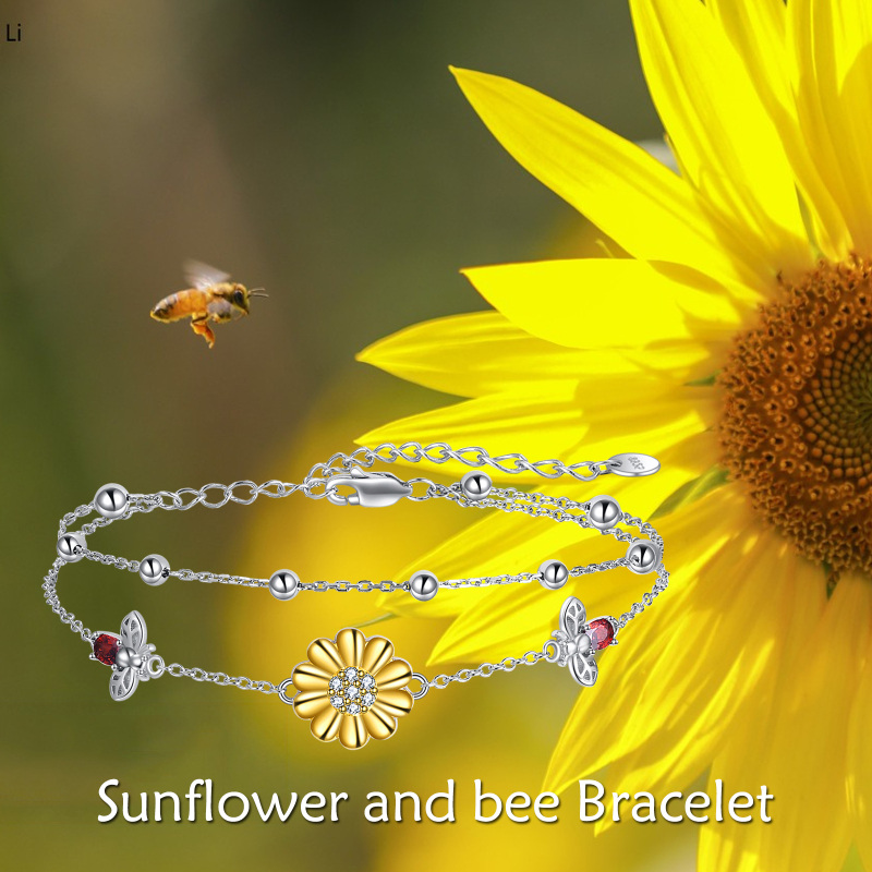 Sterling Silver Two-tone Zircon Sunflower Charm Bracelet-6