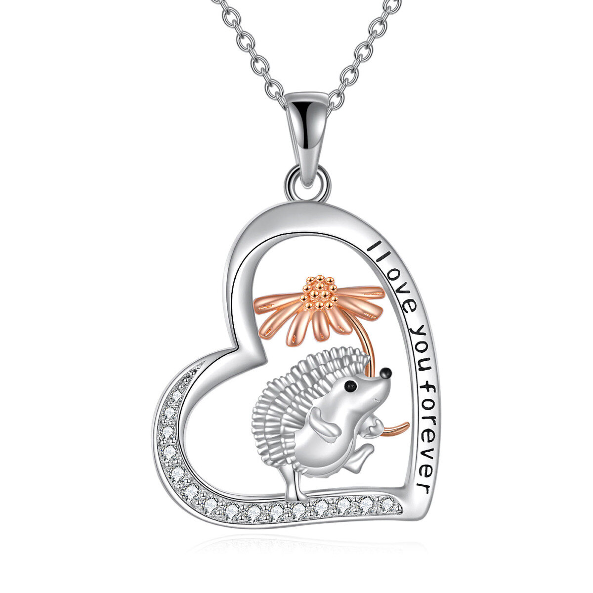 Sterling Silver Two-toneCubic Zirconia Hedgehog & Diasy Heart Pendant Necklace-1