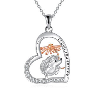 Sterling Silver Two-toneCubic Zirconia Hedgehog & Diasy Heart Pendant Necklace-35