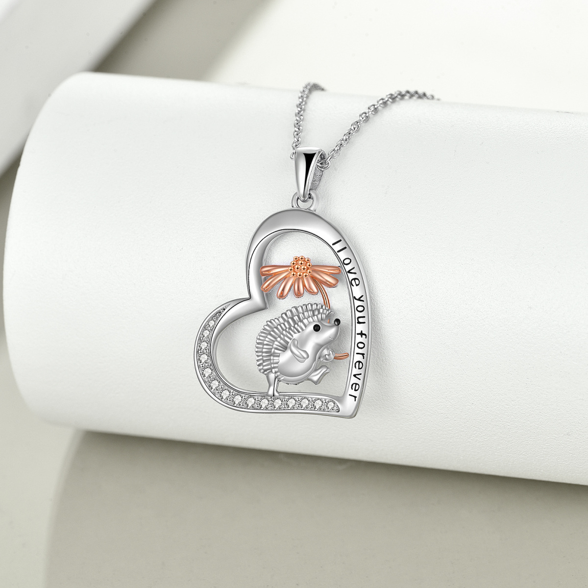 Sterling Silver Two-toneCubic Zirconia Hedgehog & Diasy Heart Pendant Necklace-3