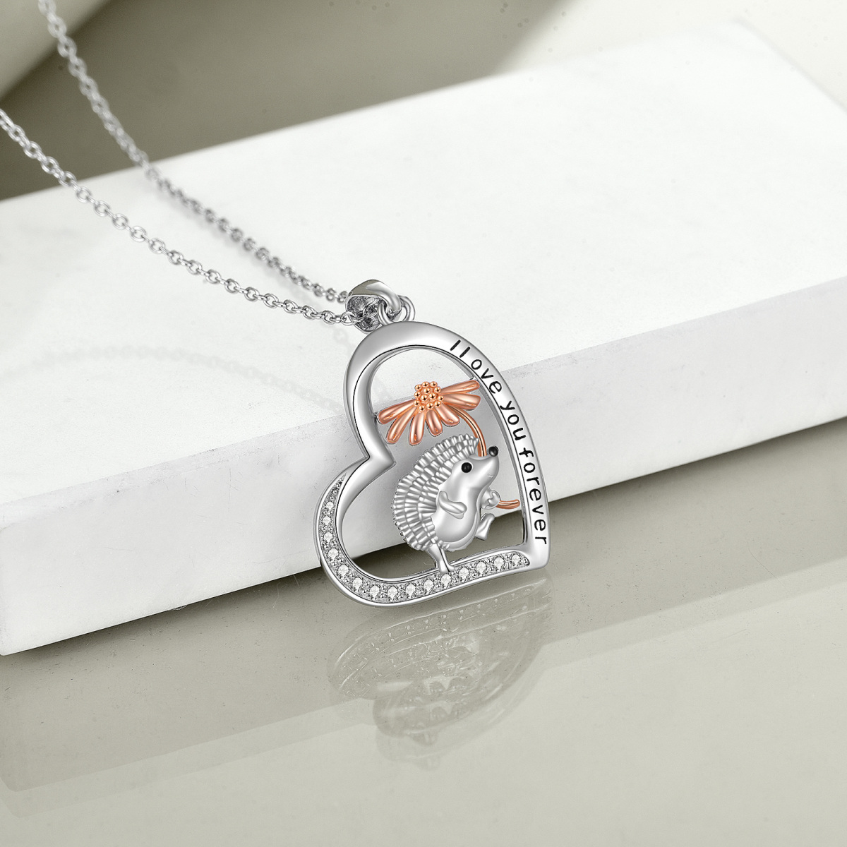 Sterling Silver Two-toneCubic Zirconia Hedgehog & Diasy Heart Pendant Necklace-4