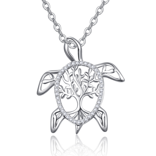 Sterling Silber Cubic Zirkonia Schildkröte & Baum des Lebens Anhänger Halskette