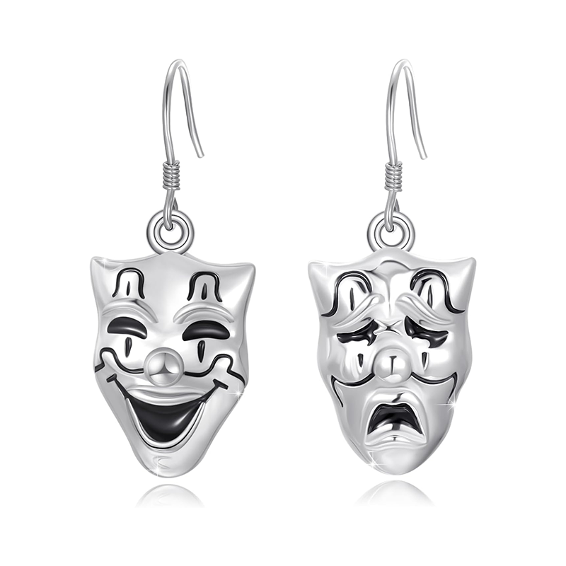 Boucles d'oreilles pendantes en argent sterling avec masques de tragédie et de comédie-1