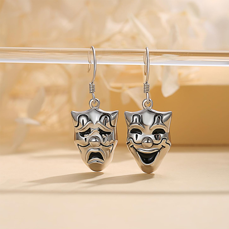 Boucles d'oreilles pendantes en argent sterling avec masques de tragédie et de comédie-3