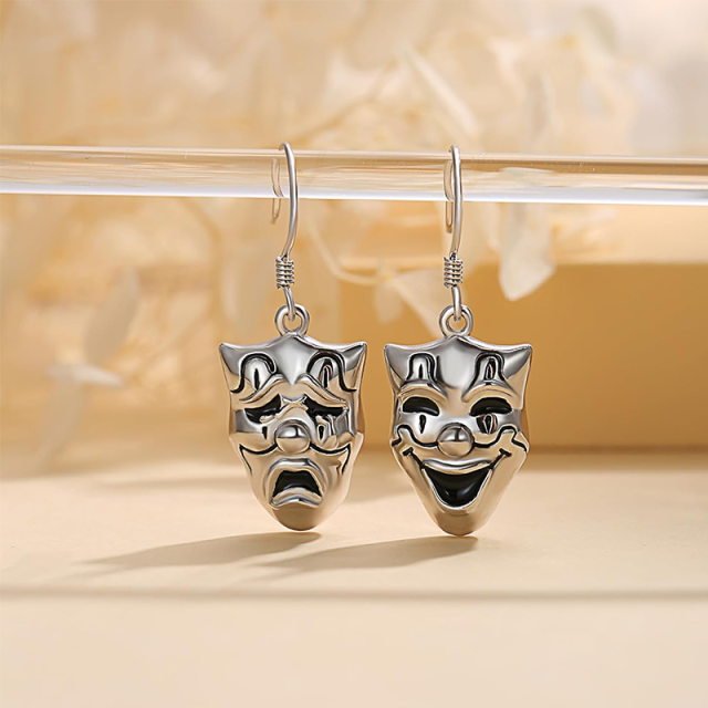 Sterling Silver Tragedy Comedy Masks Drop Earrings-3