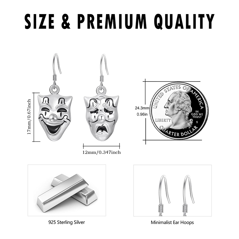 Sterling Silver Tragedy Comedy Masks Drop Earrings-5