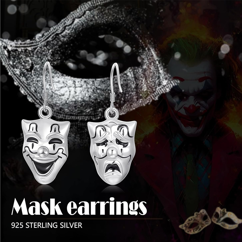 Sterling Silver Tragedy Comedy Masks Drop Earrings-6