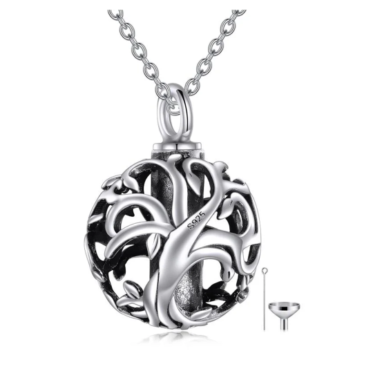 Sterling Silver Tree Of Life Ball Urn Necklace for Ashes