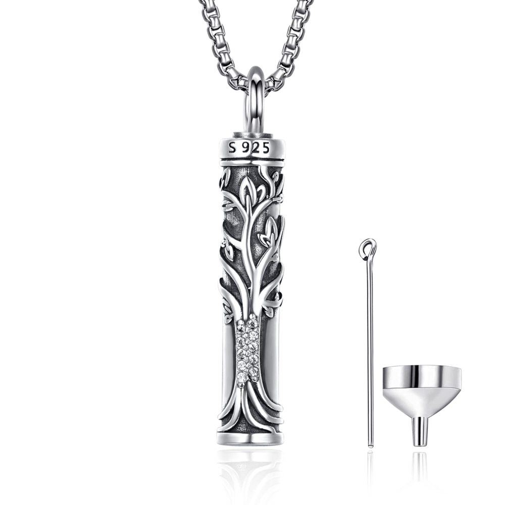 Collier urne funéraire en argent sterling avec barre en forme d'arbre de vie-1