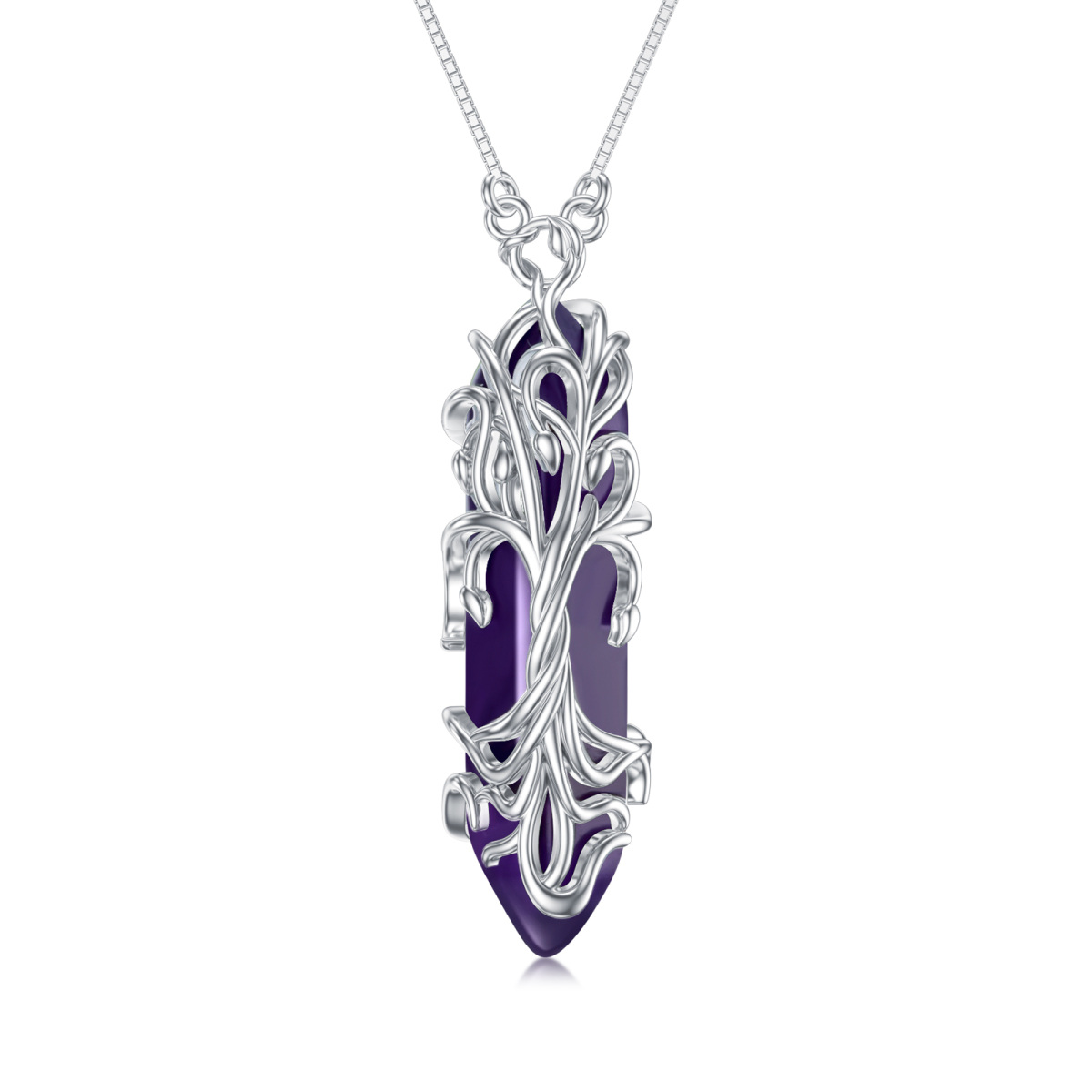 Colar com pingente de prata esterlina com árvore da vida e cristal roxo em forma de bala-1