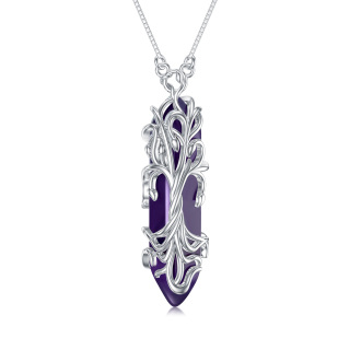 Sterling Silver Tree Of Life & Bullet Shaped Purple Crystal Pendant Necklace-19