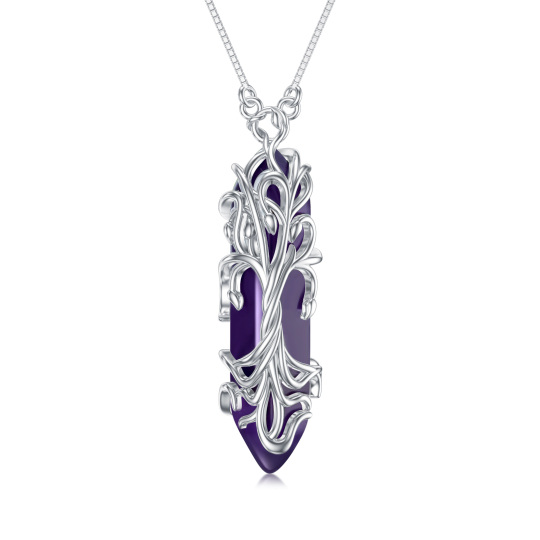 Sterling Silver Tree Of Life & Bullet Shaped Purple Crystal Pendant Necklace