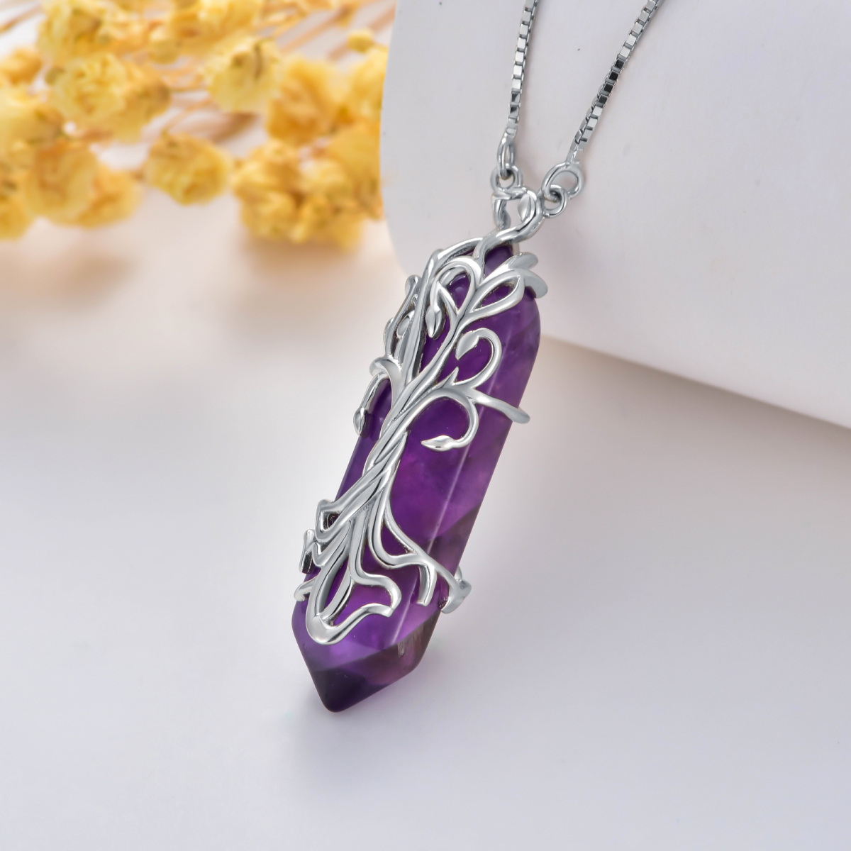 Sterling Silver Tree Of Life & Bullet Shaped Purple Crystal Pendant Necklace-3