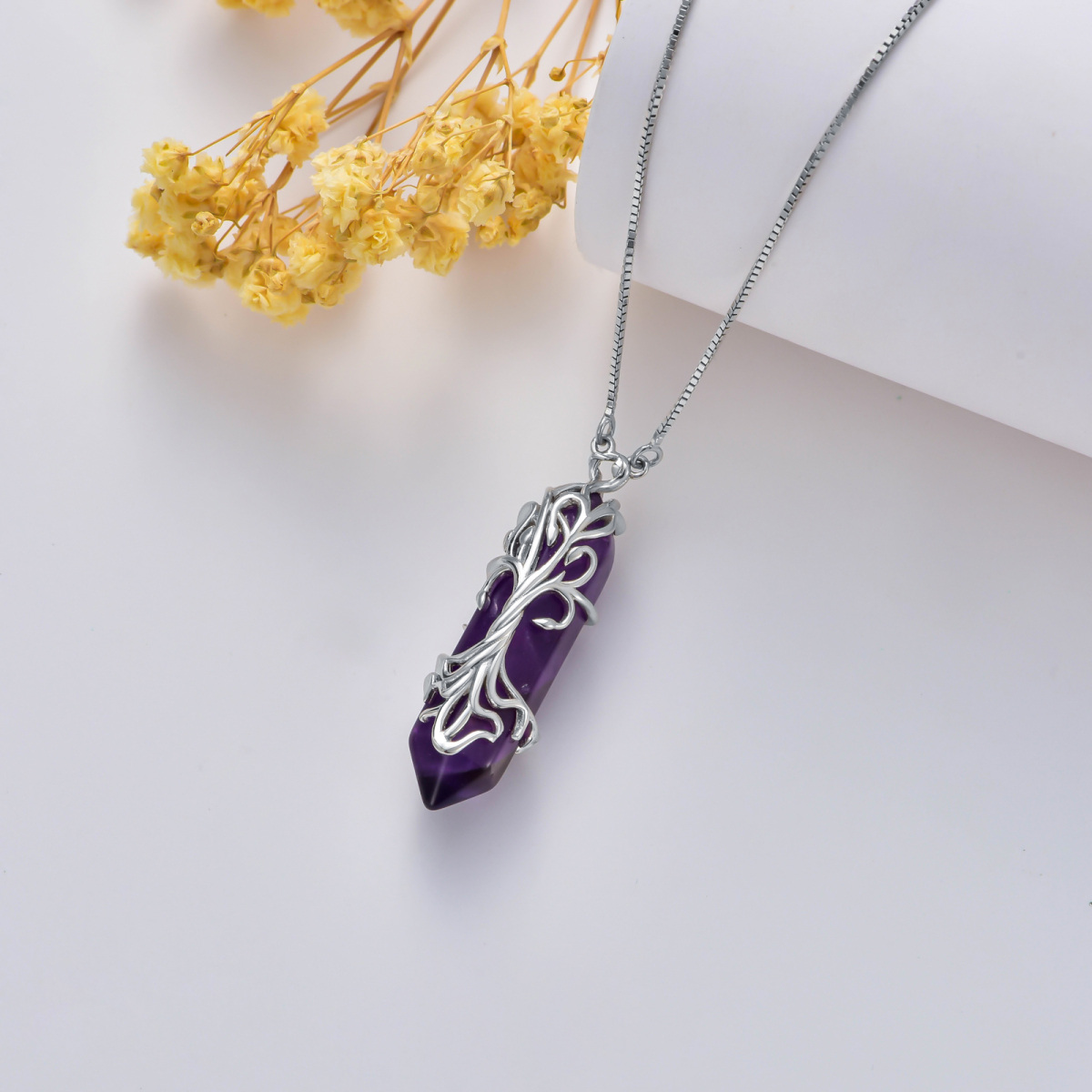 Collana con ciondolo di cristallo viola a forma di pallottola e albero della vita in argento sterling-4