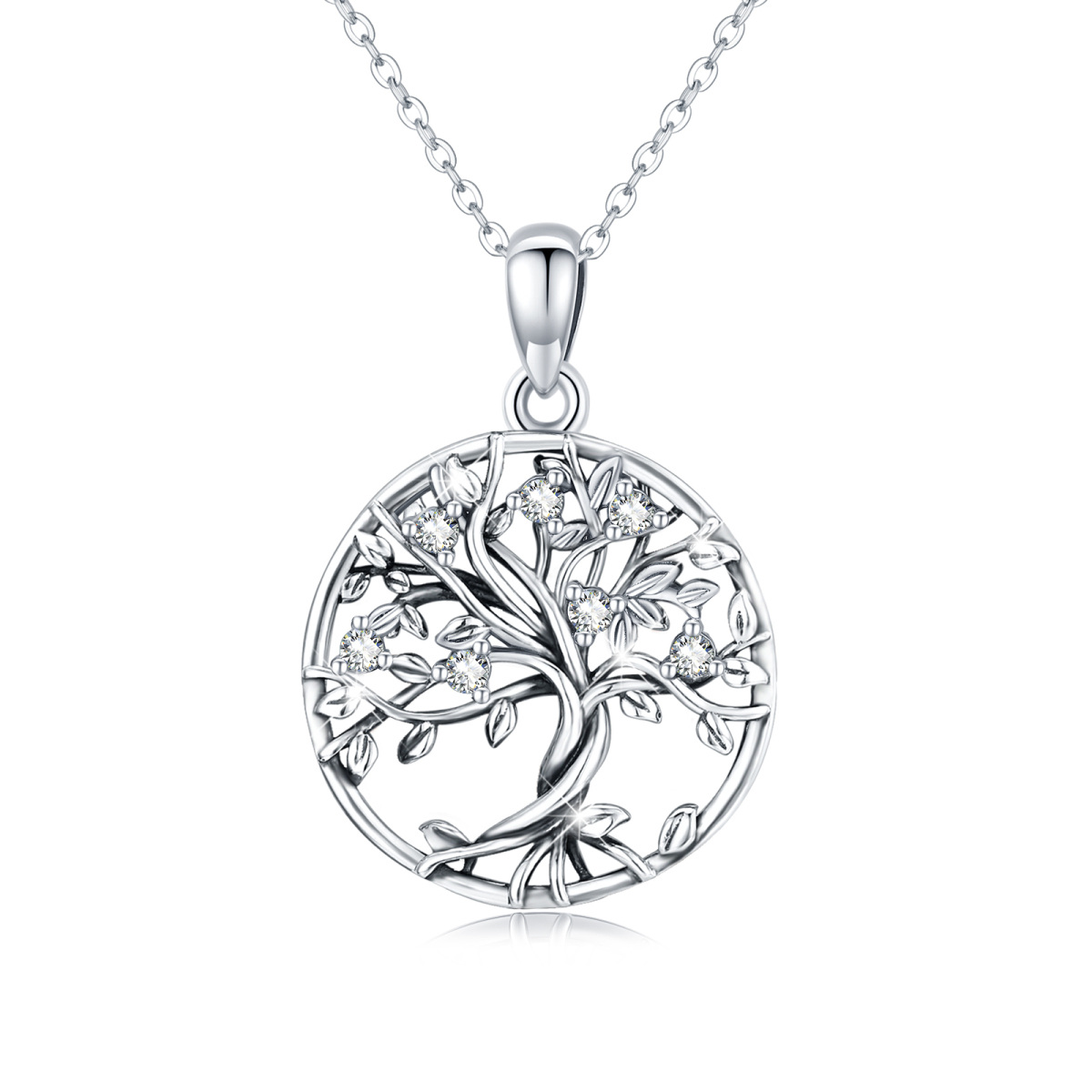 Collier en argent sterling à chaîne calendrée avec zircon cubique et arbre de vie-1