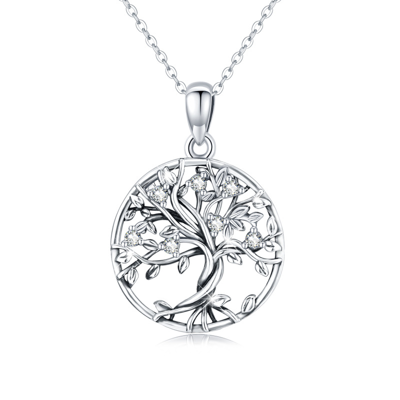 Sterling Silver Cubic Zirconia Tree Of Life Calendered Chain Necklace