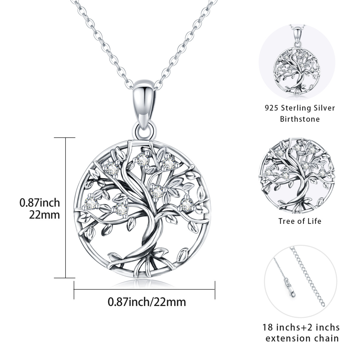 Collier en argent sterling à chaîne calendrée avec zircon cubique et arbre de vie-3