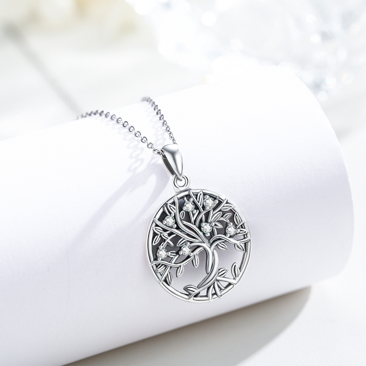 Collana a catena calandrata con albero della vita in argento sterling con zirconia cubica-5