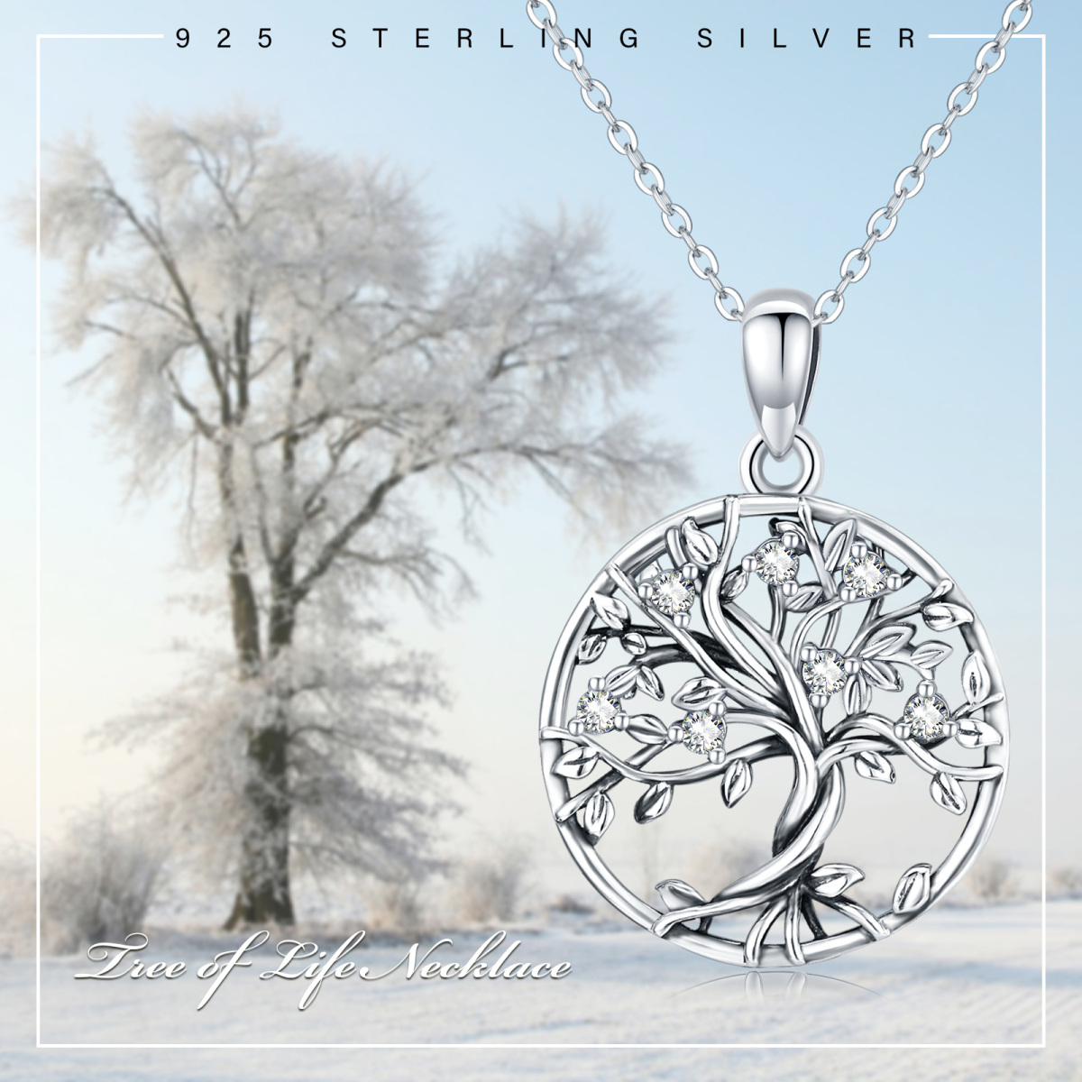 Collana a catena calandrata con albero della vita in argento sterling con zirconia cubica-6