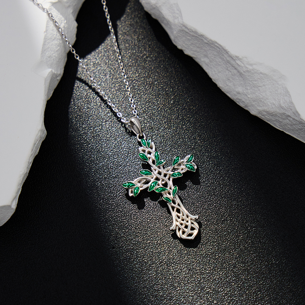 Collana da donna con pendente a croce in argento sterling con albero della vita e nodo celtico-3