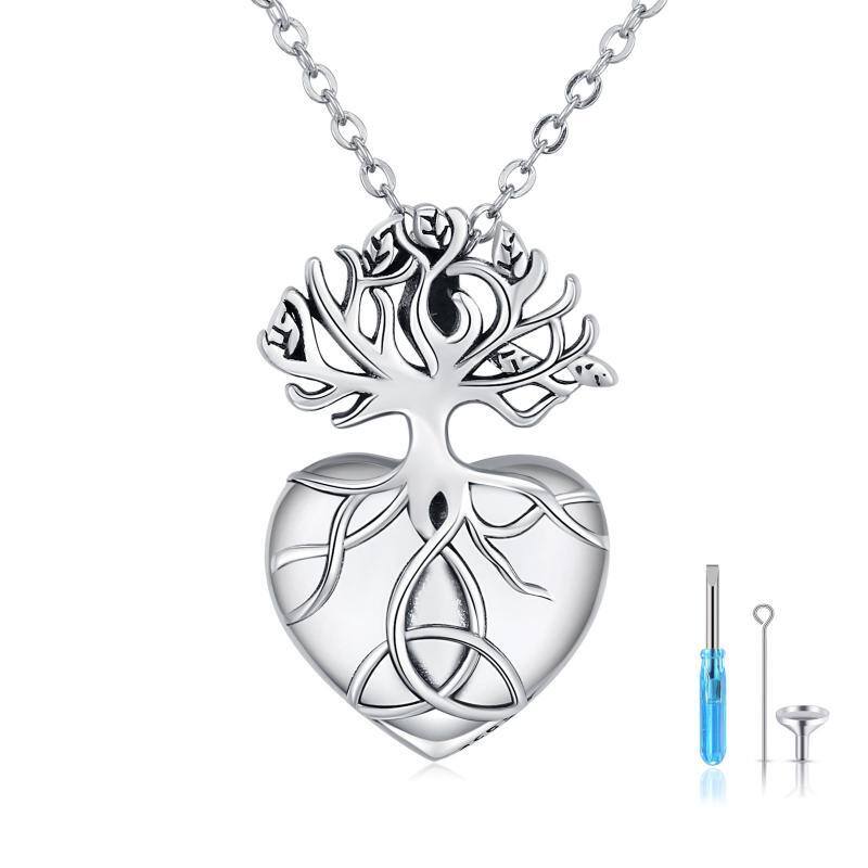 Collana in argento sterling con nodo celtico e urna a cuore con albero della vita per ceneri-1