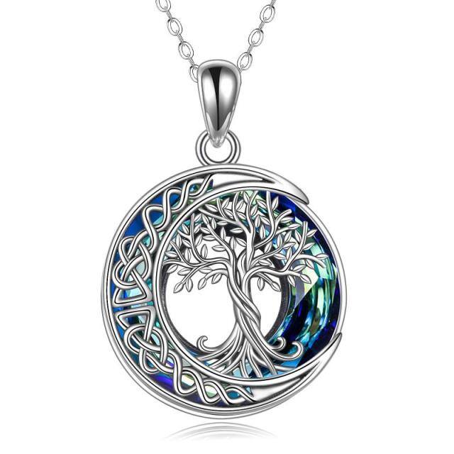 Collier avec pendentif en argent sterling avec pendentif en forme d'arbre de vie avec nœud celtique et cercle de lune en cristal