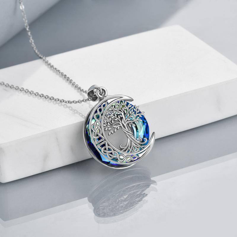 Sterling Silver Tree Of Life Celtic Knot & Moon Circle Crystal Pendant Necklace-5