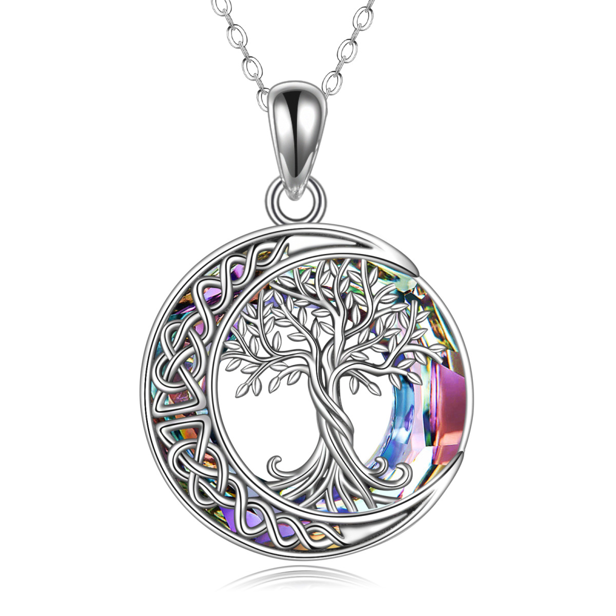 Sterling Silver Round Crystal Tree Of Life Moon With Celtic Knot Pendant Necklace For Women-1