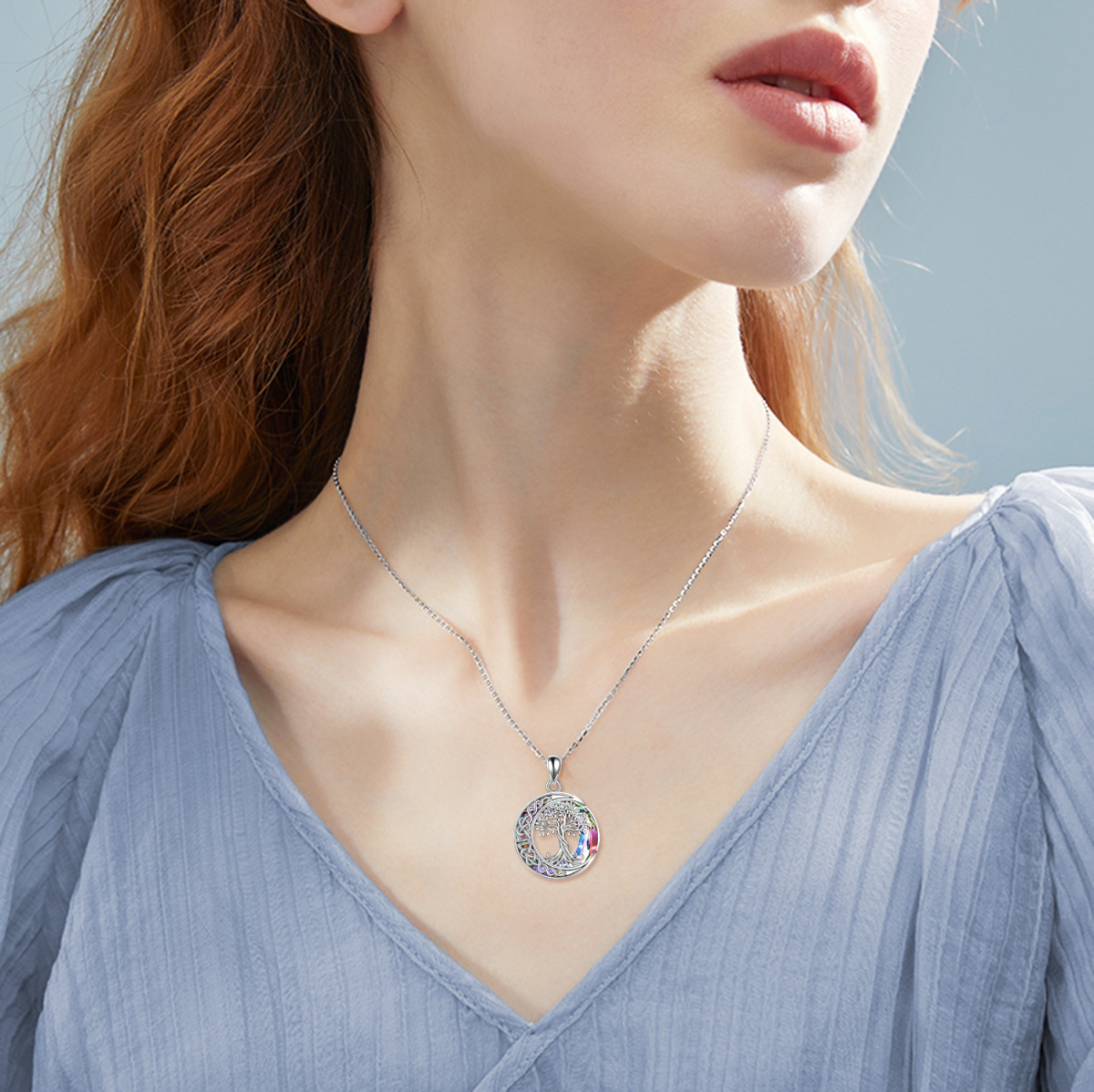 Sterling Silver Round Crystal Tree Of Life Moon With Celtic Knot Pendant Necklace For Women-2